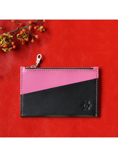 植鞣皮革雙色輕便零錢包(桃花粉)