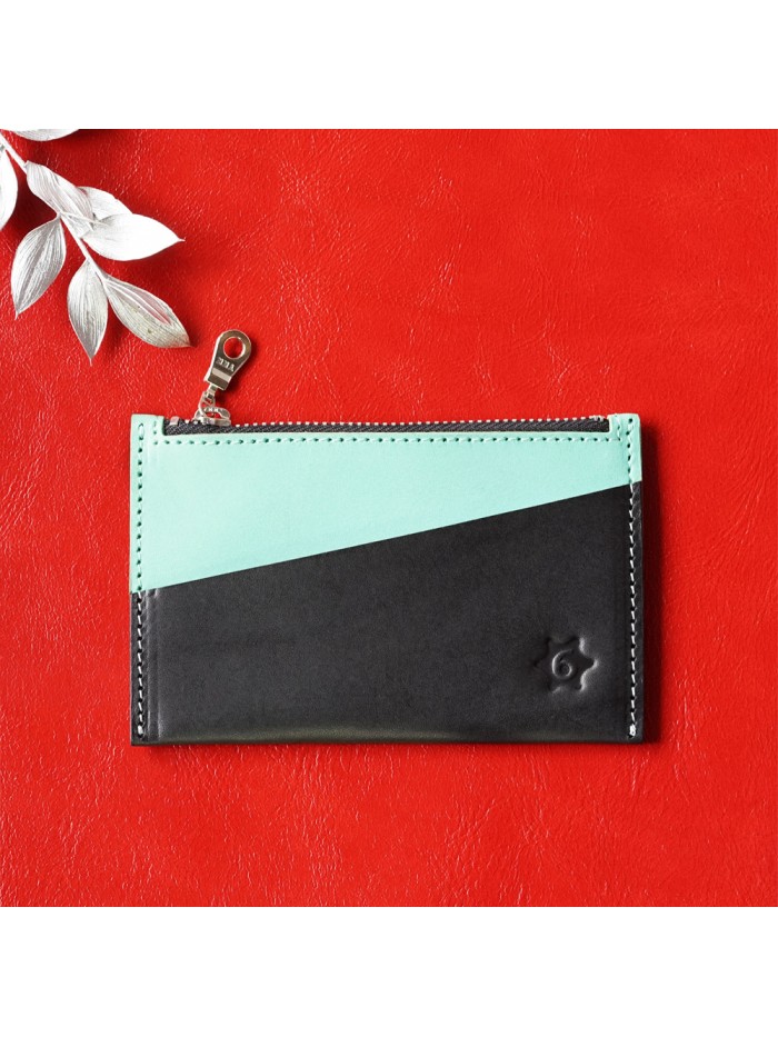 植鞣皮革雙色輕便零錢包(湖水藍)