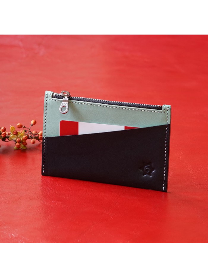 植鞣皮革雙色輕便零錢包(湖水藍)