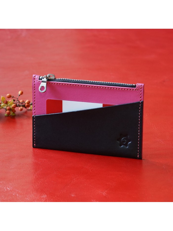 植鞣皮革雙色輕便零錢包(桃花粉)