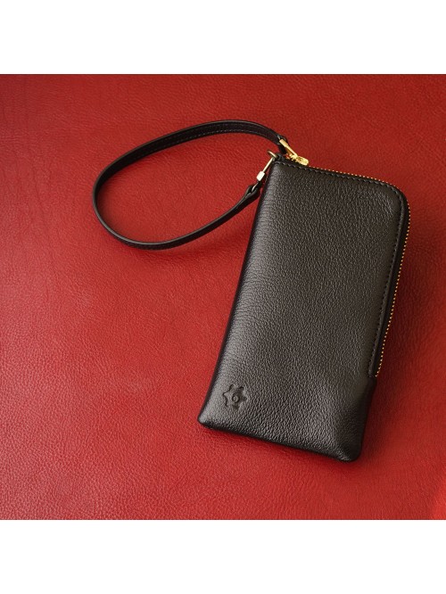 義大利進口縮花山羊皮手機袋(靜謐黑)