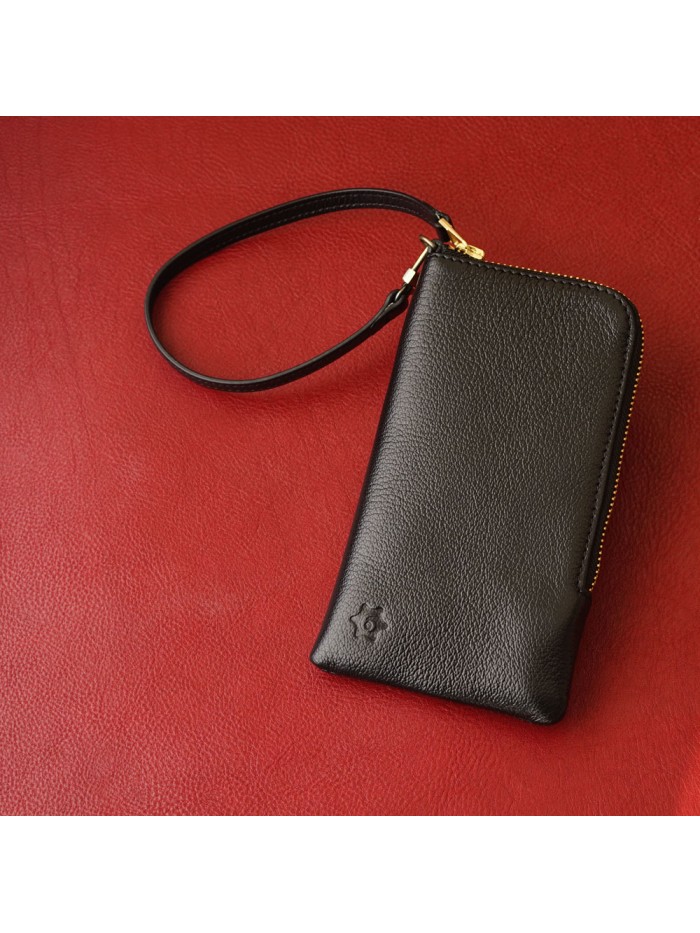 義大利進口縮花山羊皮手機袋(靜謐黑)