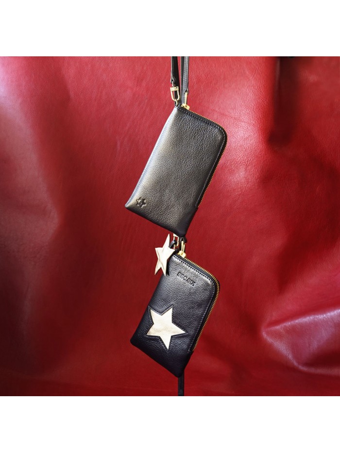 義大利進口縮花山羊皮手機袋(靜謐黑)